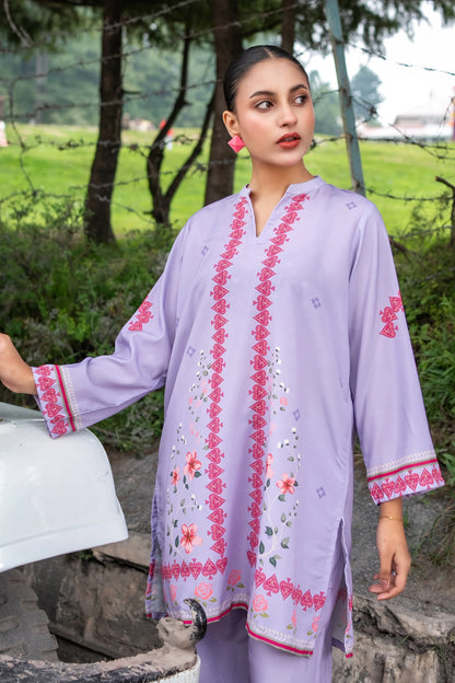 Lavender printed kurta with pink floral V-neck placket and matching hem border