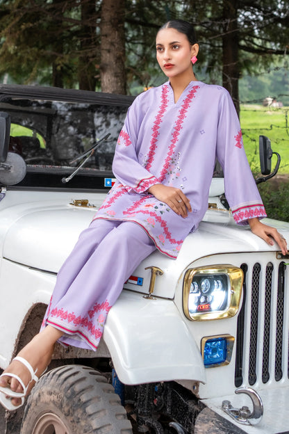 Lavender printed kurta with pink floral sleeves and hem trim, relaxed straight fit