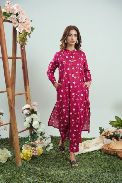 Dhaga women's long magenta floral kurta dress, long sleeves, side slit hem