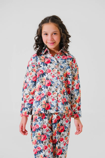 Girls floral button-front long-sleeve ruffled top with matching pants set, blue and pink