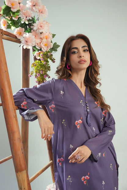 Dhaga purple floral printed kurta tunic with V-neck, button placket details