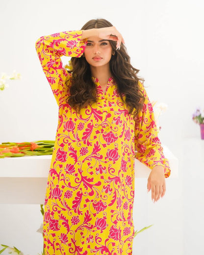 Dhaga printed V-neck long kurta, bright pink and yellow floral swirls