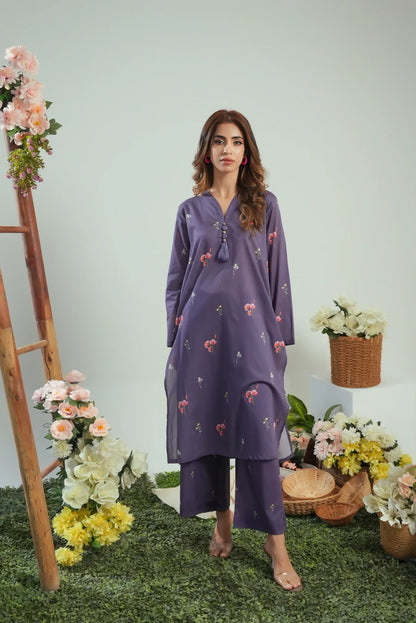 Dhaga purple floral printed long kurta tunic with matching pants, side slits
