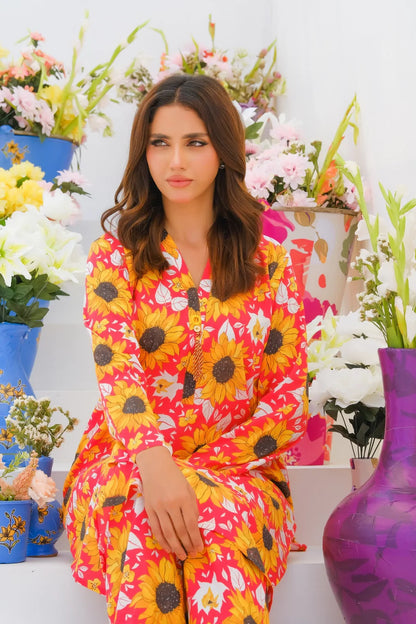 Women's floral long-sleeve kurta set with sunflower print, button-front and matching pants