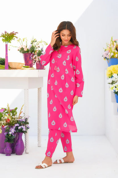 Women's pink printed kurta and pants set, side view, long sleeves, straight cut