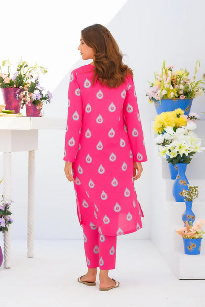 Women's pink printed kurta and pants set, back view, long sleeves and round neckline
