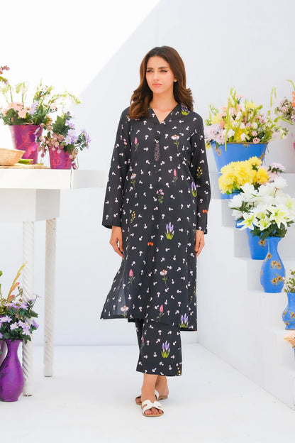 Black printed kurta and pants set with button-front, long sleeves, calf-length hem
