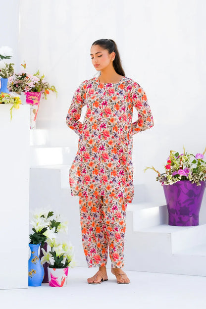 Dhaga floral kurta pajama set with ruffle hem and round neck, full front