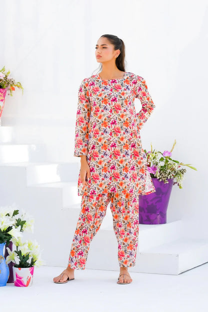 Dhaga floral long-sleeve kurta with round neck and matching pants, full body