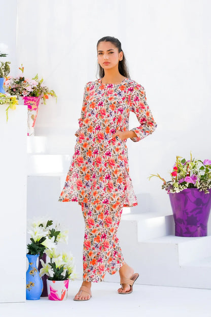 Dhaga floral long-sleeve kurta with round neck and matching slim pants, front side