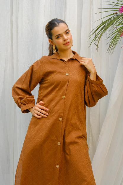 Women's brown collared kurta with long sleeves and button placket, side view