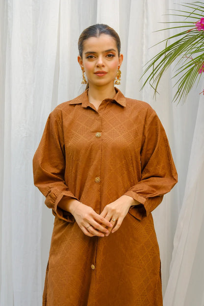 Women's brown collared button-up kurta with long sleeves, front view