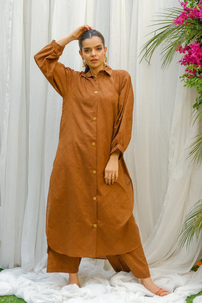 Women's brown button-up kurta dress, full length with long sleeves