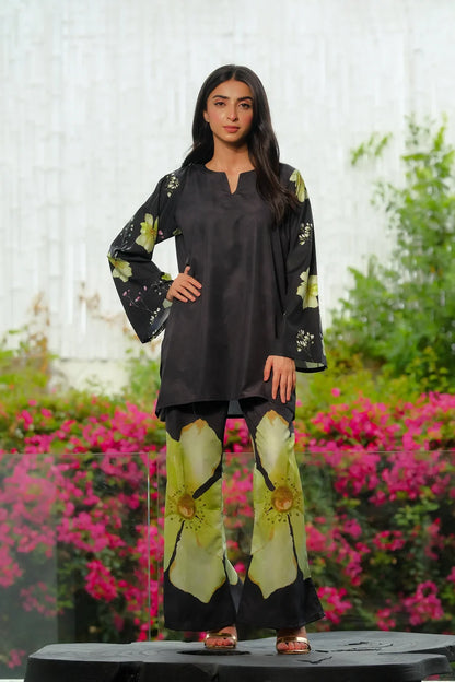 Black floral print kurta with flared lime pants set