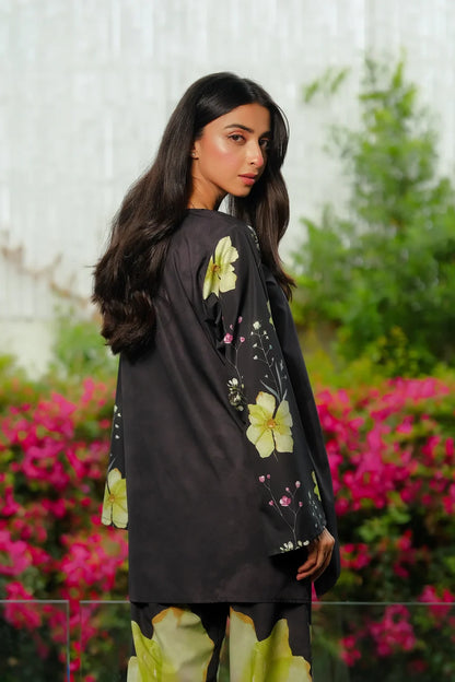 Black kurta with large yellow-green floral print sleeves