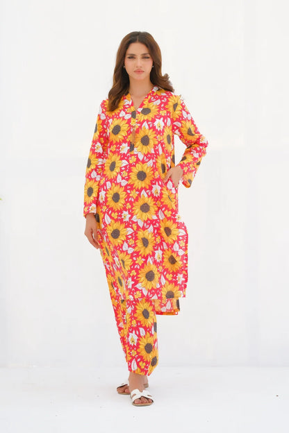Women's sunflower floral kurta set, long sleeves and tapered pants, full-length view