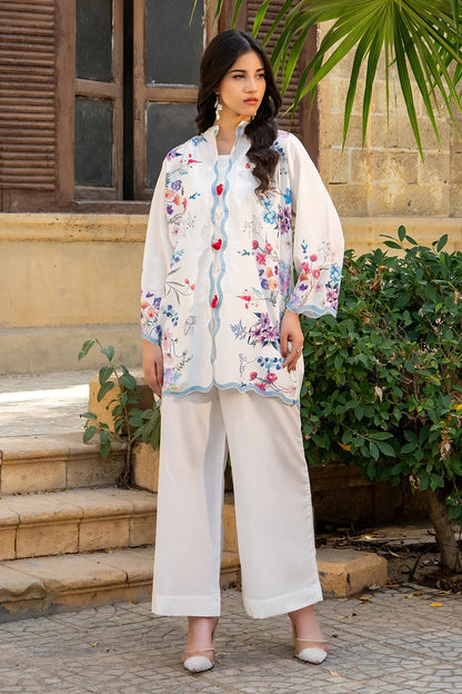 Printed white kurta with long sleeves and wide-leg pants, colorful motifs on bodice