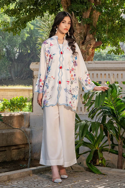 Printed white kurta with long sleeves and wide-leg pants, colorful floral pattern front