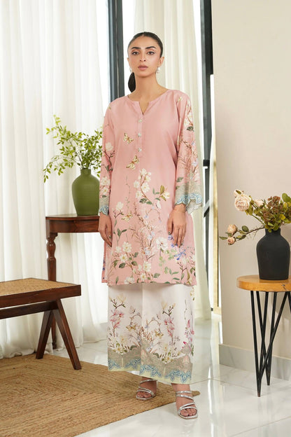Floral kurta set with light pink long top and matching floral pants, button front