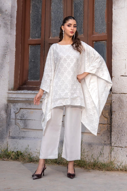 White embroidered kurta with draped cape sleeves and matching cropped pants