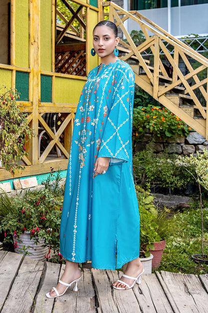 Blue floral print long dress with V-neck and flared sleeves, ankle length