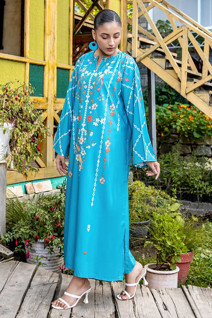 Blue floral long dress, relaxed fit with long sleeves and V-neck, side view