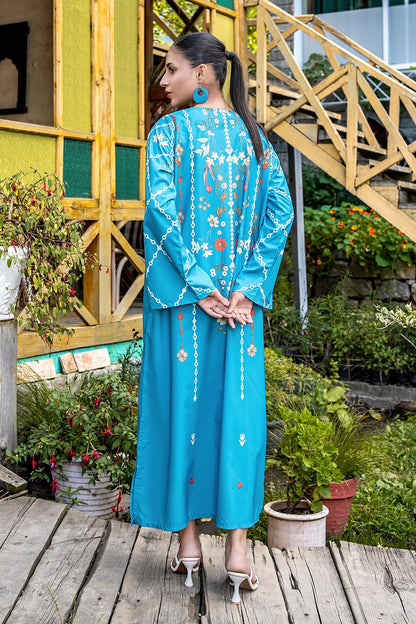 Blue floral long dress with back yoke detail and flared sleeves, rear view