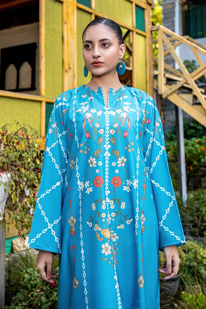 Blue floral print dress with V neckline and layered yoke detail, close-up front