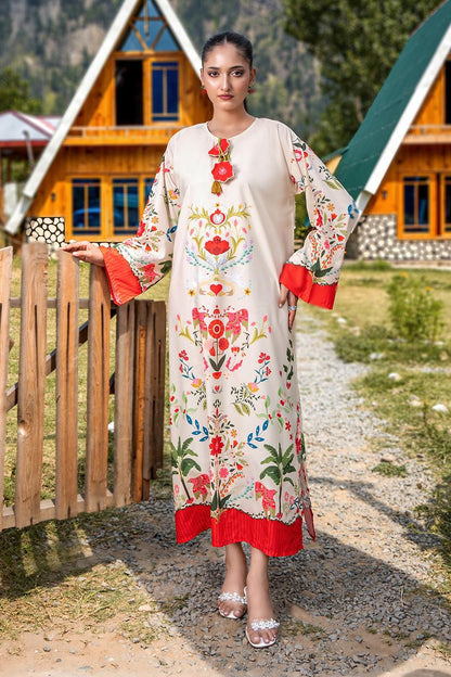 Floral embroidered long dress with red trim, long sleeves, cream base.
