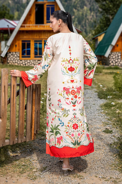 Back view of floral embroidered long dress in cream with red cuff and hem trim.