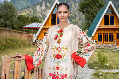 Cream long dress with colorful floral embroidery and red neckline tie, long sleeves.