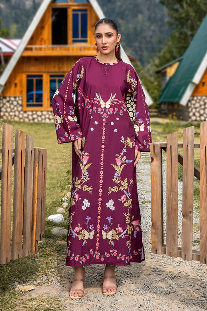 Maroon embroidered long dress with floral motifs, gathered neckline and wide sleeves
