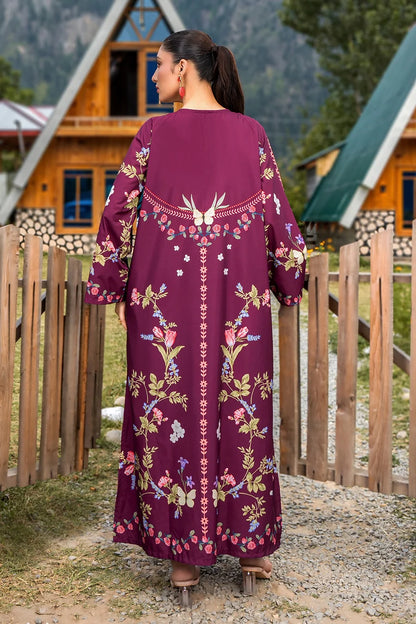 Maroon embroidered long dress with floral back panel and 3/4 sleeves