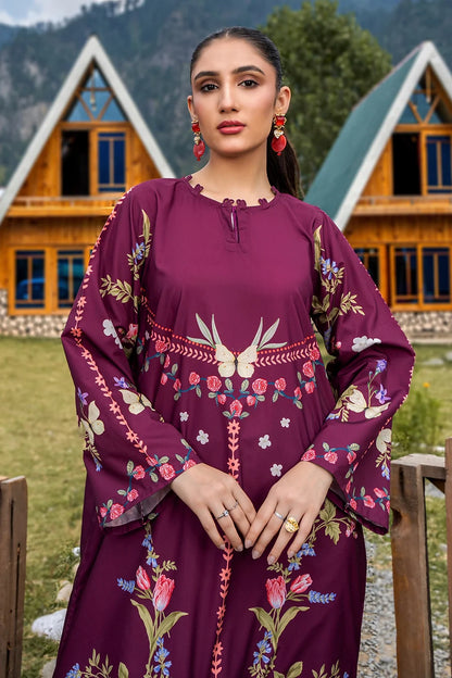 Maroon floral embroidered tunic dress with round neckline, tassel trim