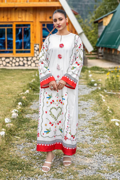 Dhaga white floral print maxi dress with red hem and long sleeves