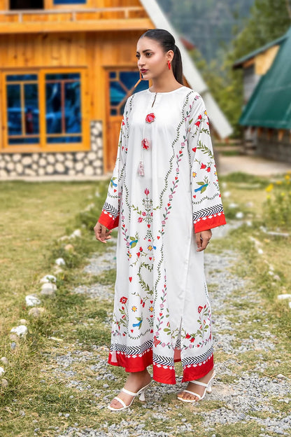 Dhaga white floral print maxi dress, round neck, red cuffs and hem