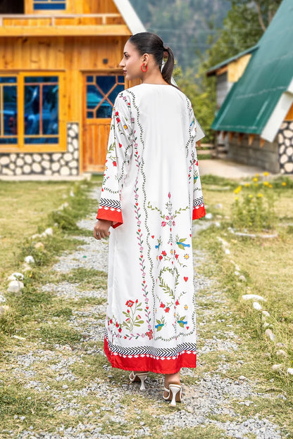 Dhaga white floral print maxi dress, back view with red hem border
