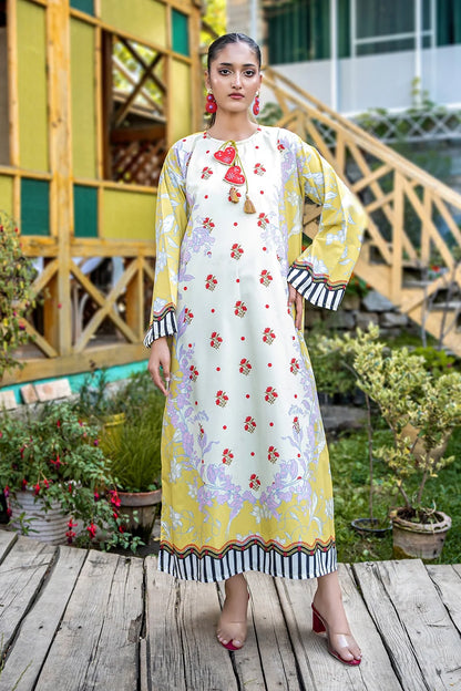 Dhaga floral maxi dress with white bodice, yellow sleeves, striped cuffs and hem