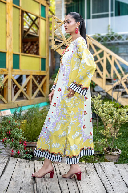 Dhaga floral maxi dress side view, white print, yellow sleeves, striped trim
