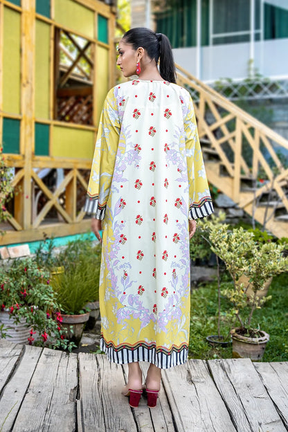 Dhaga floral maxi dress back view, white fabric with yellow sleeves and striped hem
