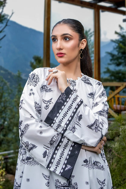 Thread print dress top, white with black jungle motifs, round neck and long gathered sleeves