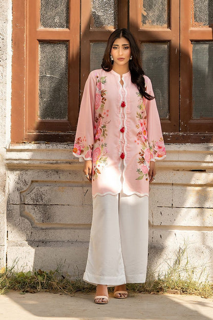 Dhaga pink floral kurta with long sleeves and scalloped hem