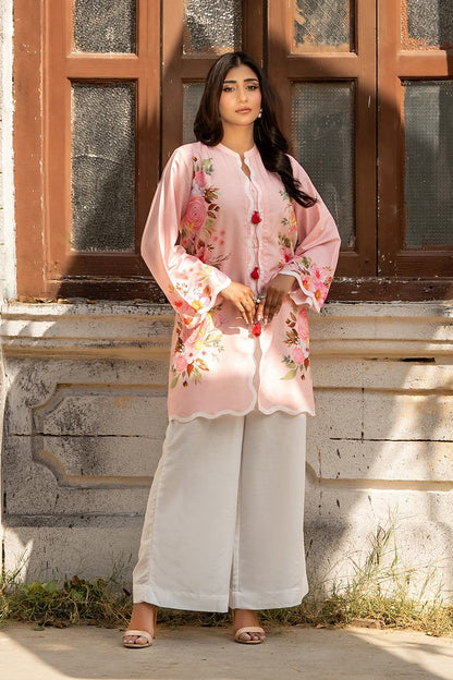 Dhaga pink floral kurta with long sleeves over white wide-leg pants