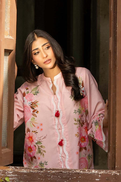 Dhaga pink floral kurta with button placket and round neckline