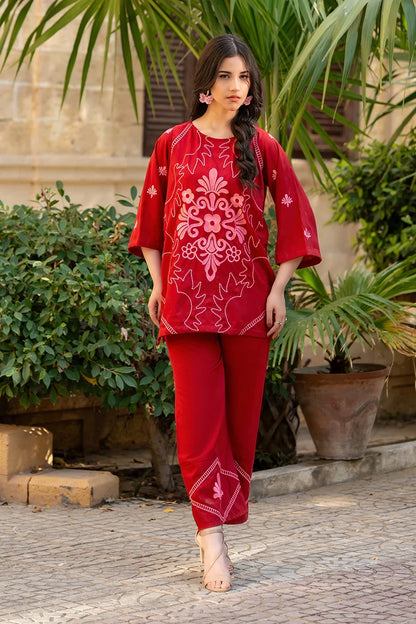 Dhaga red embroidered kurta and matching ankle pants set