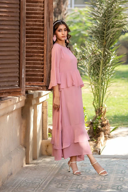 Dhaga blush pink tiered midi dress with layered ruffle skirt and flared 3/4 sleeves
