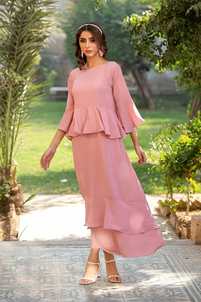 Dhaga blush pink tiered midi dress with round neckline, layered skirt ruffles, flared 3/4 sleeves