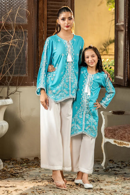Turquoise embroidered kurta with 3/4 sleeves and round neck; white wide-leg pants