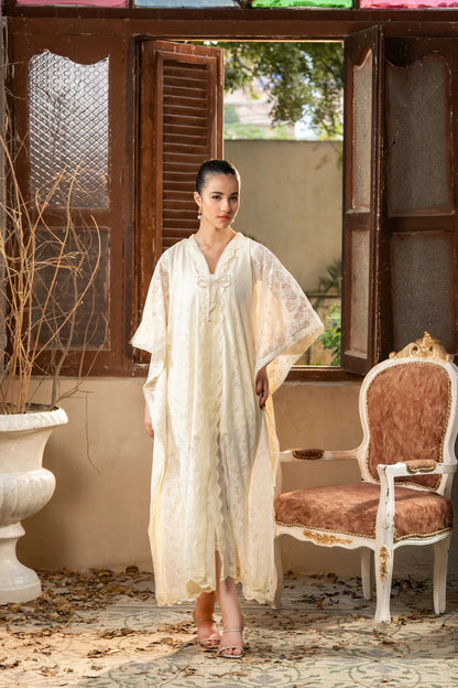 Off-white embroidered long dress with wide cape sleeves, front view
