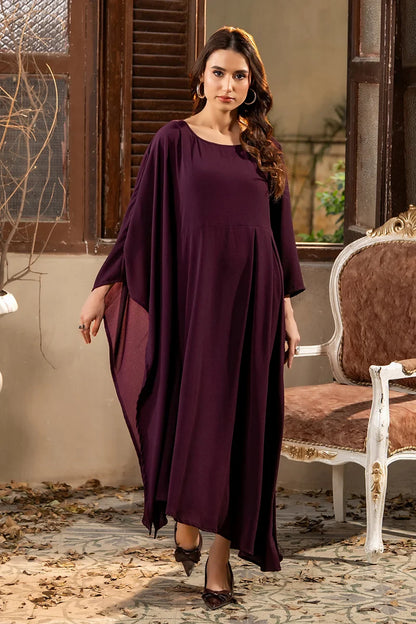 Dhaga plum midi kaftan dress with wide batwing sleeves and draped hem